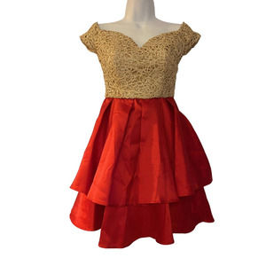 B Darlin Satin & Lace Gold Sparkle Red Pleated Cocktail Formal Party Mini Dress